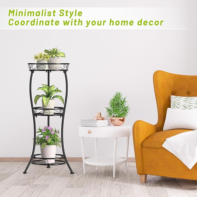 KMOTASUO 3 Tier Tall Metal Plant Stand, 33 Inch Plant Stands Indoor Outdoor, Rustproof Iron Flower Pot Holder Display Rack for Corner Patio Garden Balcony Living Room(Black)