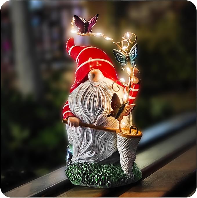 Solar Powered Gnome Garden Statue with Iron Butterflies - LED Lighted Garden Decorations, Resin Gnome with Butterfly Net, Gifts for Women and Men,Outdoor Decor Ornaments for Outside