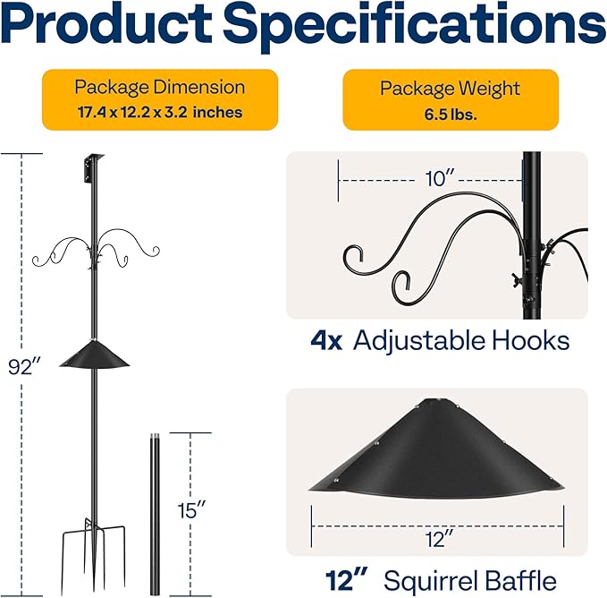 VIVOHOME 92 Inch Bird Feeder Pole with Squirrel Baffle and 4 Hooks, Outdoor Bird House Pole Mount Kit with 5 Prong, Heavy Duty Adjustable Bird Feeder Stand