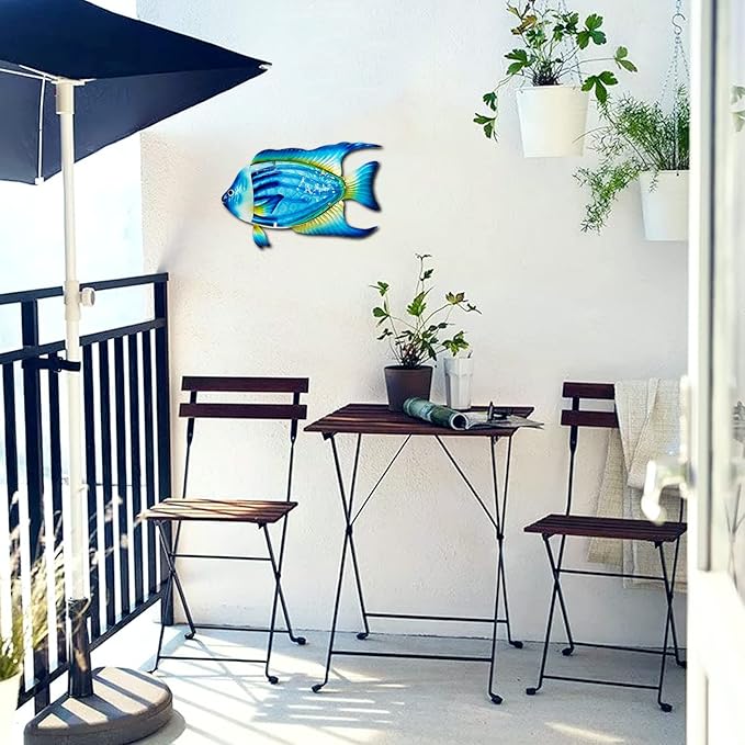 John's Studio Fish Sea Wall Decor Outdoor Metal Garden Hanging Art Glass Sculptures Home Ocean Theme Decorations for Kitchen Bathroom and Pool - Blue