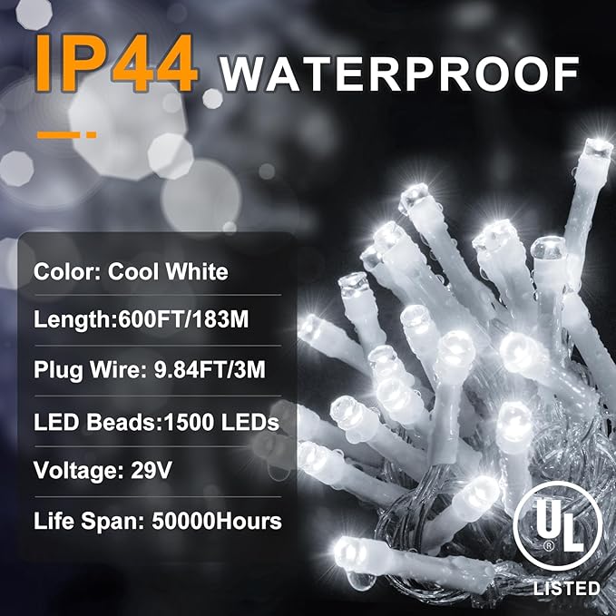 KNONEW 600ft 1500 LED Christmas String Lights Outdoor Green Wire 8 Modes & Timer Fairy Light Plug in Waterproof Patio Lights for Xmas Yard Tree Wedding Party Holiday Decorations (Cool White)