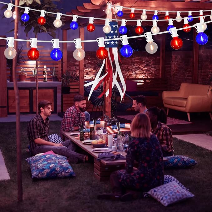 50FT G40 Red White and Blue Lights, 4th of July Decorations Lights Plug in with 50+3 LED Bulbs, Patriotic Decor Indoor Outdoor String Light for Party Patio Garden Bistro Independence Day Memorial Day