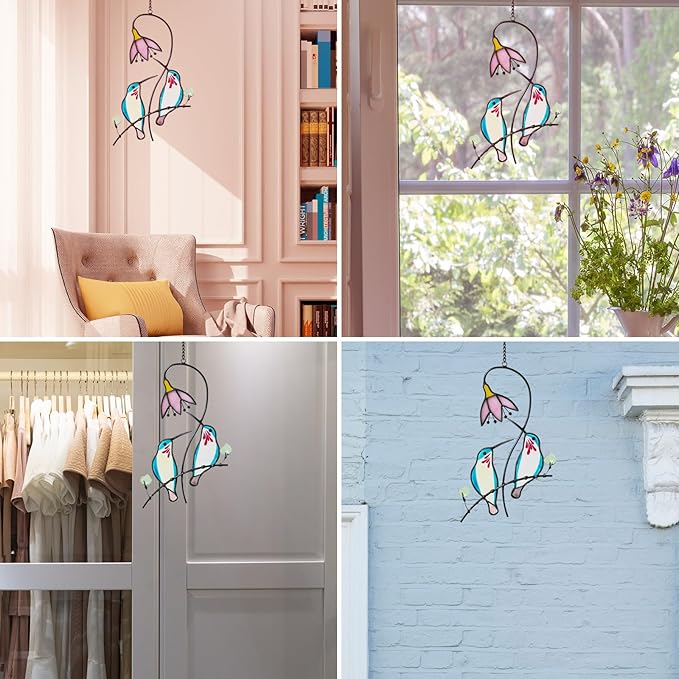 2 Hummingbirds Stained Glass Suncatcher for Windows Hangings Ornament, Hummingbird Sun Catchers Gifts for Women,Indoor Window Decor, Memorial Gifts for Mom/Bird Lovers