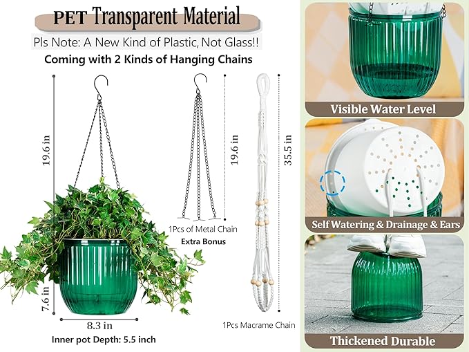 Melphoe Self Watering Hanging Planters for Indoor Plants, 1 Pack 8.3 Inch Outdoor Hanging Plant Pot Basket, 2 Kinds of Hangers Macrame 35.5’’ & Metal Chain 19.6’’ for Garden Home Decor
