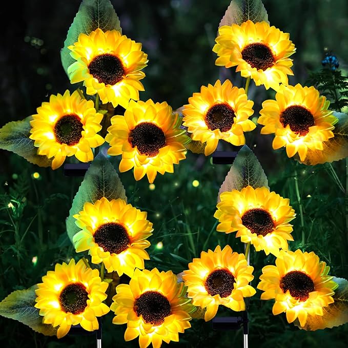 Solar Garden Lights, 4 Pack Sunflower Outdoor Lights Solar Flower Lights for Outside with 12 Larger Sunflower Gardening Gift for Mom Women Decorative Lights for Garden Decor Yard Patio Lawn Pathway