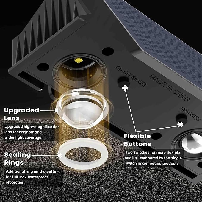 Fence Lights Solar Powered, 6-Pack Solar Fence Lights Up/Down Flexible Buttons, IP67 Waterproof for Outdoor, 120LM Bright, Auto Dusk to Dawn for Wall/Stairs/Yard/Railing/Deck/Pathway (Warm White)