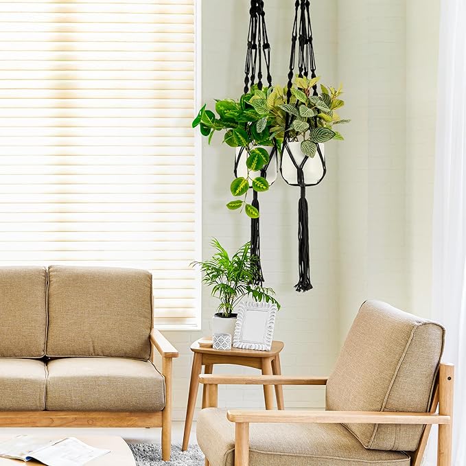 Sorbus Macrame Plant Hanger (6 Pack) Indoor Outdoor Hanging Plant Pots Cotton Rope, Elegant for Home, Patio, Garden (Black)