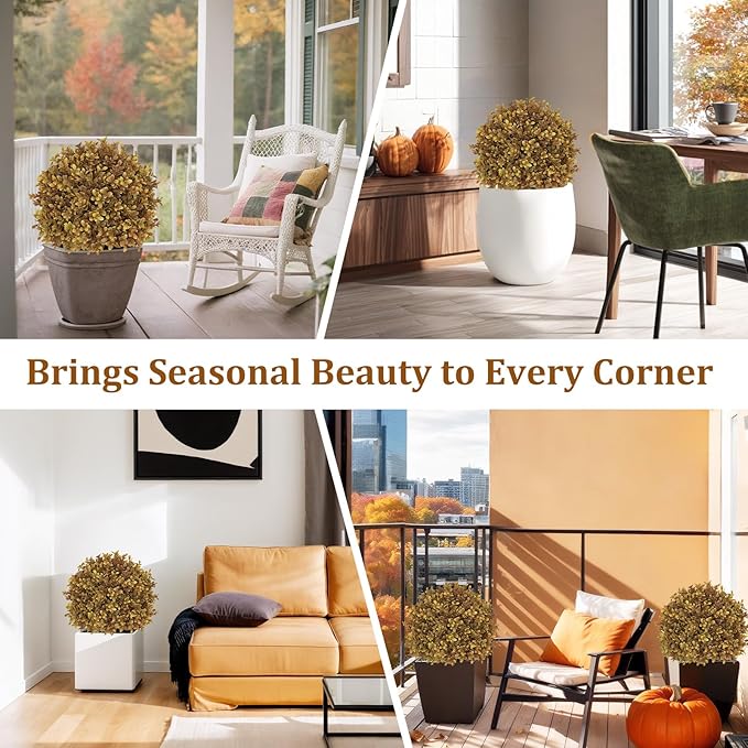 24" Tall Artificial Boxwood Ball Fall Topiary Trees Set of 2, UV Resistant Large Faux Plants Outdoor, 2ft Fake Bushes and Shrubs Look Real with Stake for Front Porch Outside Planter Backyard Decor