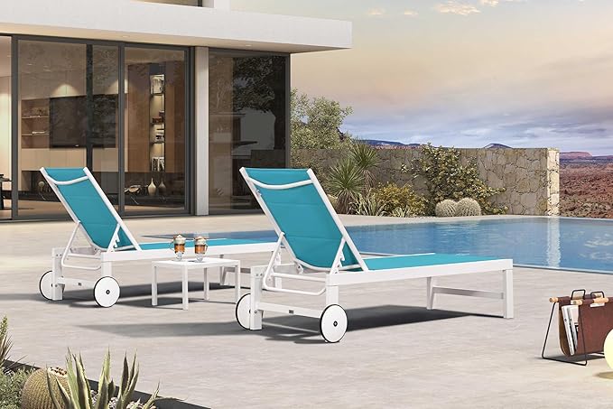 PURPLE LEAF Outdoor Chaise Lounge Staight Legs Adjustable Sunbathing Recliner with Side Table Blue 2 Sets