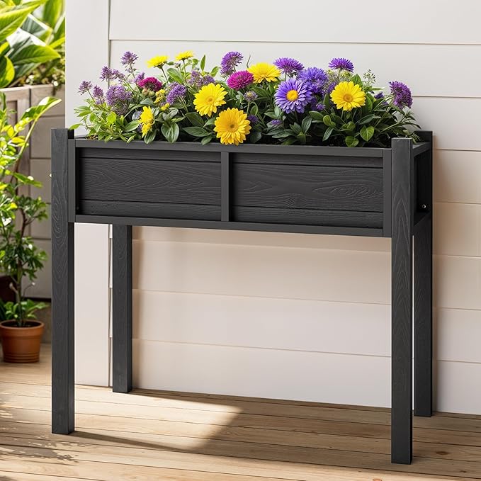 YITAHOME Raised Garden Bed, HIPS Poly Wood Elevated Planter Box with Legs and Drainage Hole, Small Flower Box Stand for Patio Balcony Garden Backyard, Black
