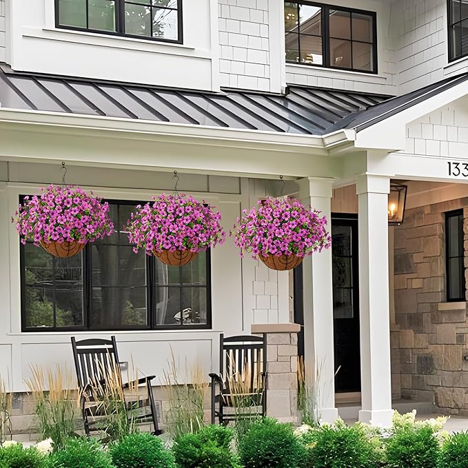 Artificial Faux Hanging Plants Flowers Basket Outdoor Porch Garden Spring Decoration, Fake Silk Daisy in Planter Realistic UV Resistant for Outside Home Patio Balcony Yard(Purple)