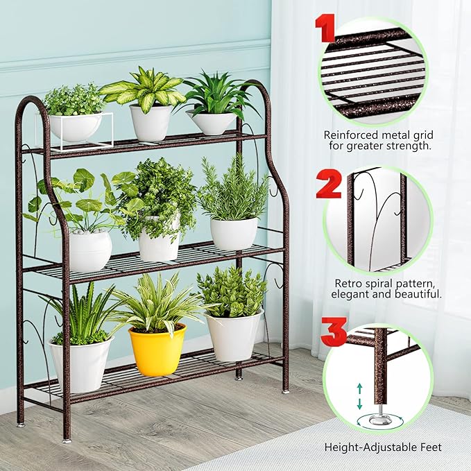 SORCEDAS Plant Stand Indoor Outdoor Plant Shelf 3 Tier Metal Corner Flower Stand Multiple Holder for Patio Garden Balcony Living Room, Bronze