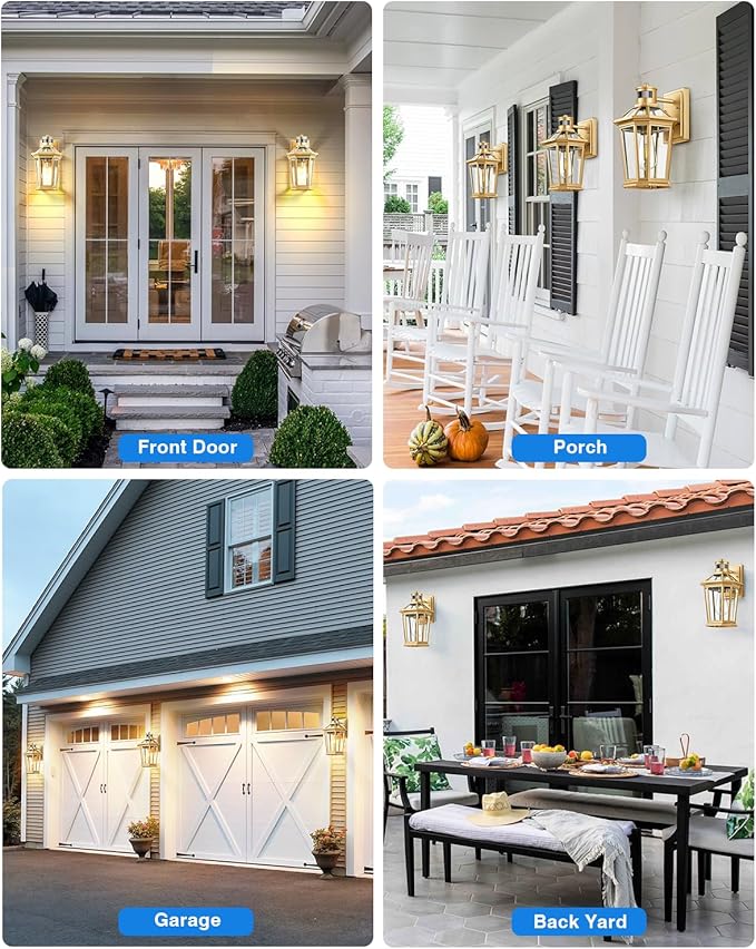 VIANIS Outdoor Wall Lights Lantern, 2 Pack Gold Motion Sensor Proch Light, Dusk to Dawn Weather Resistant Exterior Lights for House Sconce, Waterproof Garage Lights with Clear Glass Shade