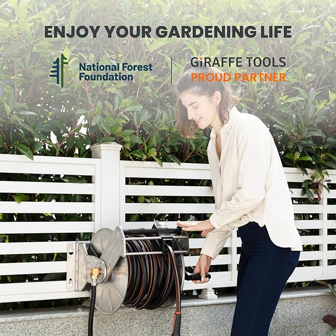 Giraffe Tools Stainless Steel Garden Hose Reel Heavy Duty, Wall/Floor Mounted Stainless Water Hose Reel Retractable with Crank, 150-Feet 5/8" Hose Capacity