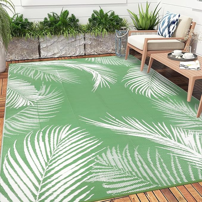 Pauwer Waterproof Outdoor Rug 8x10, Reversible Plastic Straw Patio Camping Rug, Indoor Outdoor RV Mat Carpet for Deck, Camper, Porch, Balcony, Backyard, Picnic, Leaf Green