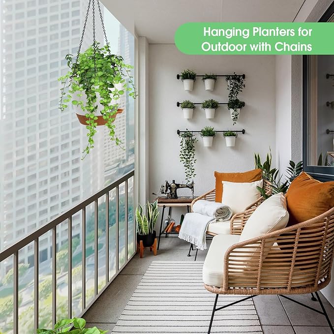 Hanging Planters for Indoor Outdoor Plants, 2 Pack Self Watering Hanging Pots, Hanging Plant Baskets with Drainage Holes & 2 Types of Plant Hangers (White, 6'')