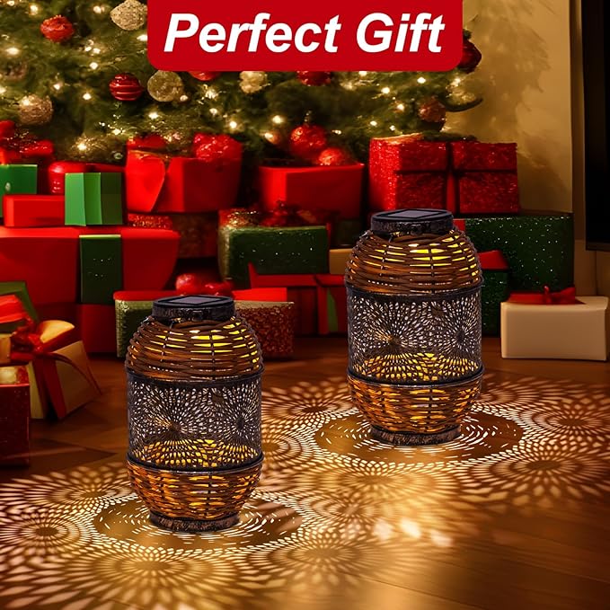 2 Pack Solar Lanterns Outdoor,Rattan with Metal Decorative Garden Hanging Lanterns Waterproof Christmas Gifts for Women LED Light with Handle for Table,Patio,Pathway,Pergolas,Tree,Yard,Fence,Hook
