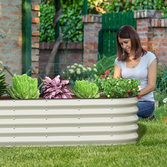 Oval 8x2x1.5 FT Galvanized Raised Garden Bed Kit, 31 in 1 Large Metal Planter Box for Outdoor Gardening, 18” Garden Bed for Vegetables Flower Herb(Pearl White)