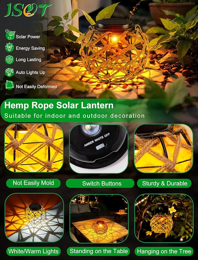 JSOT Solar Lantern - 2 Pack Hemp Rope Hanging Lights Outdoor Lanterns Wall Lanterns Hanging Solar Lamps for Front Porch Patio and Yard