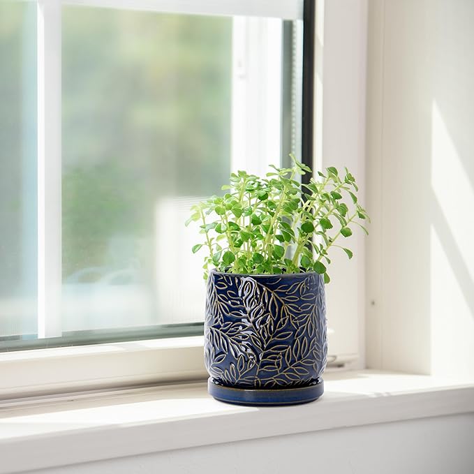 D'vine Dev 4 Inch Embossed Leaves Stoneware Planter Pot with Drainage Hole and Saucer, Midnight Blue, 27-A-Z-3