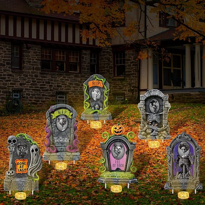 Hiboom 6 Set Large Halloween 3D Changing Face Rip Graveyard Tombstones and 23.6x15.7 Inch Halloween Skeleton Headstone 6 Pcs LED String Lights Halloween Decoration for Yard Garden Lawn