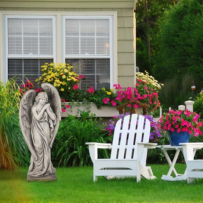 Outdoor Statues Angel Décor Garden Statue - 34 inch Large Garden Angels Outdoor Religious Statues Catholic Resin Concrete Finish Yard Patio Deck Home Entryway Hallway Sculpture 13.7 * 9.8 * 34 Inch