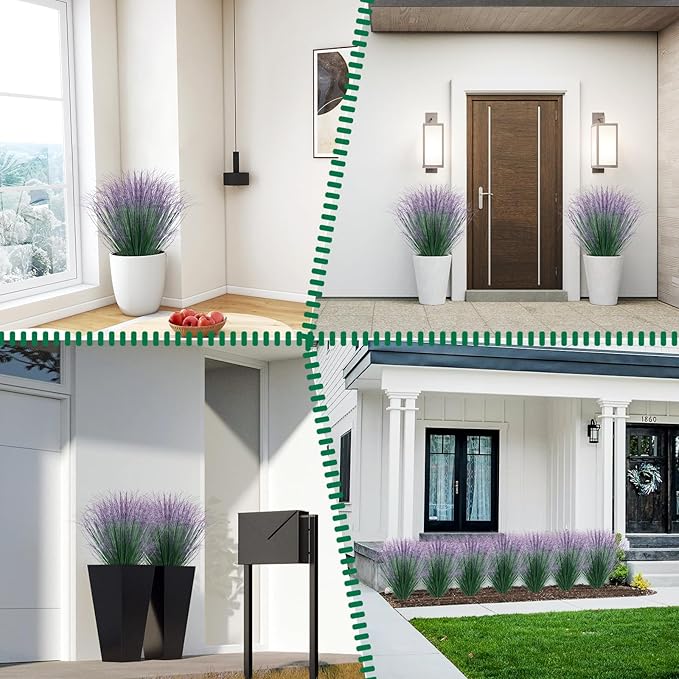 24Pcs Artificial Grass Plants, Faux Shrubs Wheat Grass, Artificial Tall Grass Fake Plants for Outdoor Decor,Artificial Greenery Stems Weed for Room Indoor Home Decor(Green Purple Tail)
