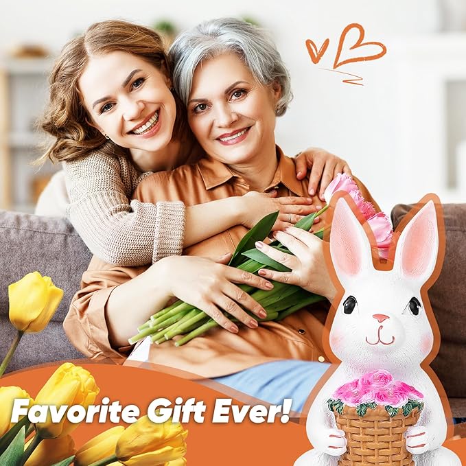 Brightever Solar Powered Garden Statues- Bunny Figurines for Spring & Easter Decor, Outdoor Rabbit Statue with Colorful LED Lights for Patio, Balcony, Lawn, Birthday Gifts for Women, Mom, Grandma