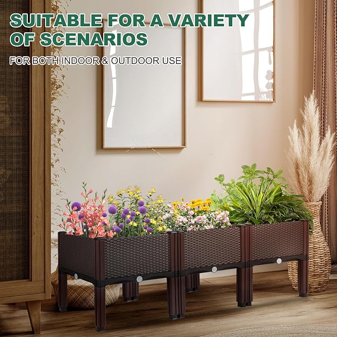 Emalie Raised Garden Beds Elevated Plastic Planter Box with Drainage Plugs Perfect for Vegetables Flowers Herbs Growing Outdoor, 47.2" Lx15.7 Wx16.5 H Brown