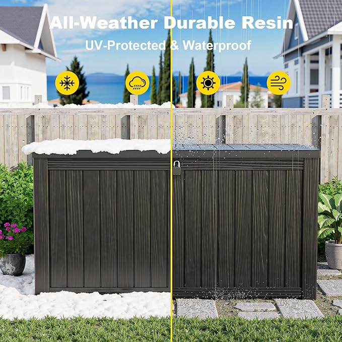 150 Gallon Outdoor Deck Box,Storage Lockable Waterproof Patio Furniture,Garden Tools,Cushions,Pool Accessories Outside Storage Resin Box(Black)