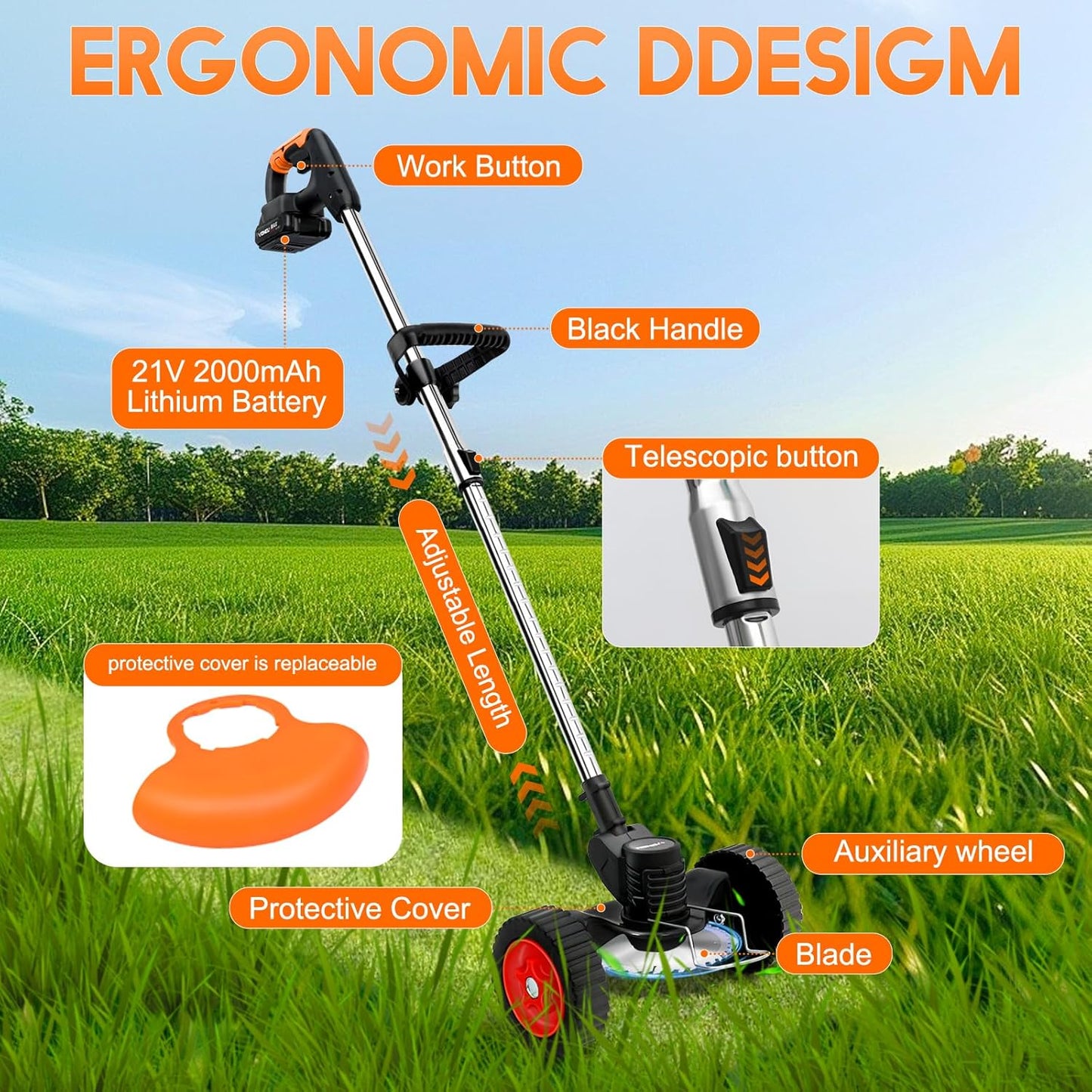 21V Electric Weed Wacker, Cordless Grass Trimmer with 2 Batteries & Charger, 3 in 1 Stringless Brush Cutter/Weed Eater/Edger/Lawn Mower with 3 Types Blade & Wheels for Garden and Yard Lawn
