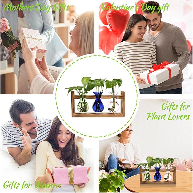 Plant Propagation Station Plant Terrarium Unique Birthday Gifts for Women Plant Lovers Home Office Decor Planter with Wooden Stand - 3 Bulb Glass Vase