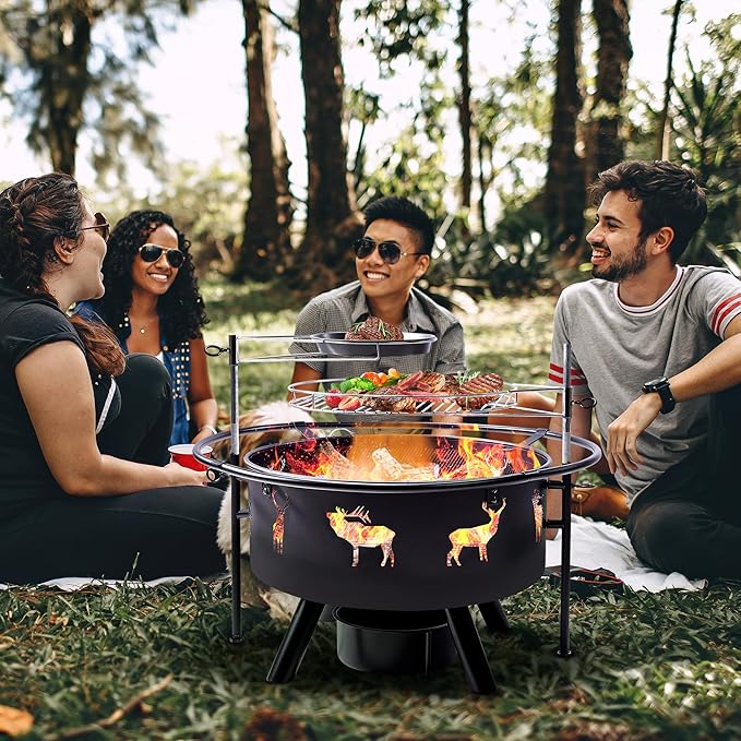 NATURAL EXPRESSIONS 32 Inch Large Fire Pit with 2 Grills, Outdoor Wood Burning Fire Pit with Cooking Grate, Lid, Poker and Round Waterproof Cover for Patio, Ourside, Bonfires, Picnic, Party.