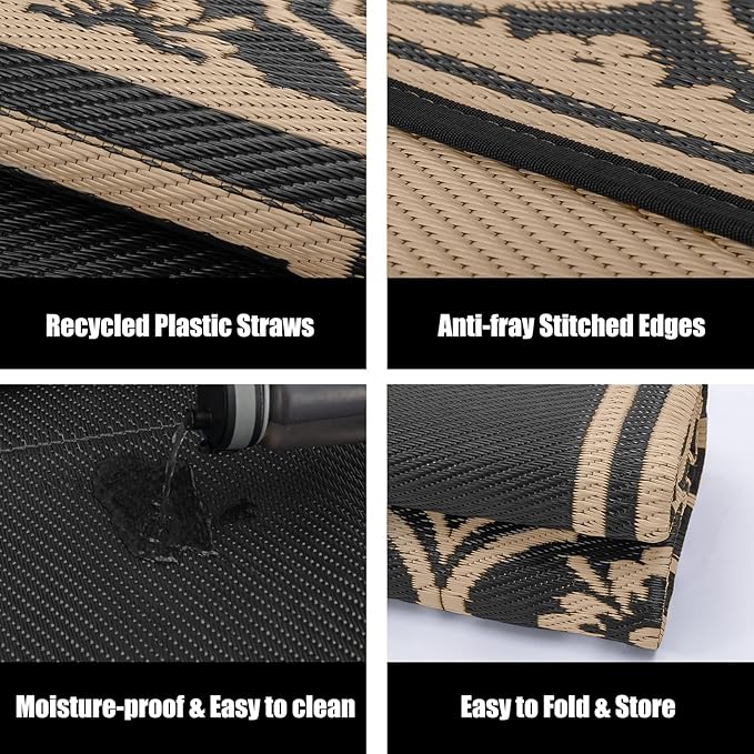 Outdoor Rug 9x12 Patio Waterproof Mat Camping Carpet Outside Area Rug Reversible Brown Rugs for RV Deck Entryance Porch Picnic Balcony Beach