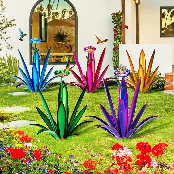 Upgraded Large Metal Yard Art, Metal Agave Plant Yard Decorations Outdoor Sculpture, Metal Flowers for Outside, Waterproof Outdoor Garden Decor (Yellow + Bird Feeder)