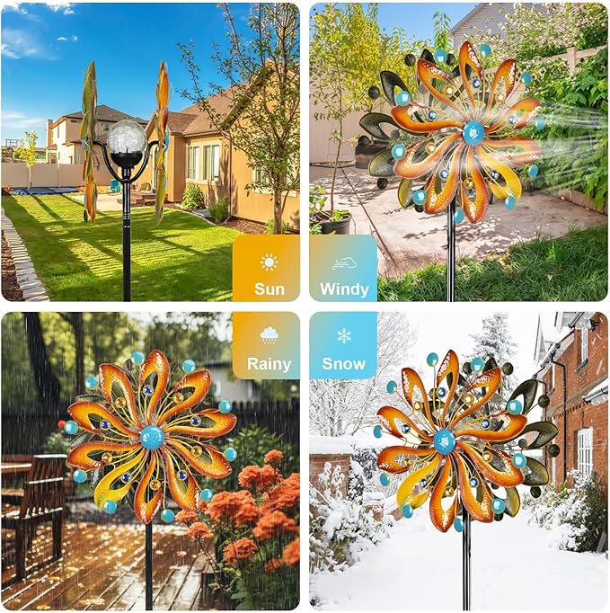 Wind Spinners for Yard and Garden-Wind Sculptures & Spinners 75 in Garden Kinetic Art with Solar Powered Multi-Color Glass Ball Light for Yard Garden Backyard Lawn Decorations