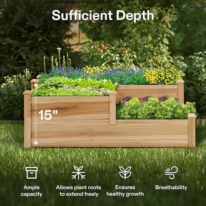 VIVOSUN 3-Tier 3-Grid Wooden Raised Garden Bed, 42.5 x 34.5 x 15 Inches, Outdoor Elevated Wood Planter Box with Screwdriver for Gardens, Patios, Backyards, Balcony and Outdoors