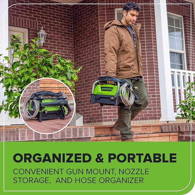 Greenworks 1900 PSI (SGS Certified) 1.2 GPM 13Amp Portable Compact Electric Pressure Washer, Power Washer for Cars, Driveways, Patios, Patio Furniture & Around Pools