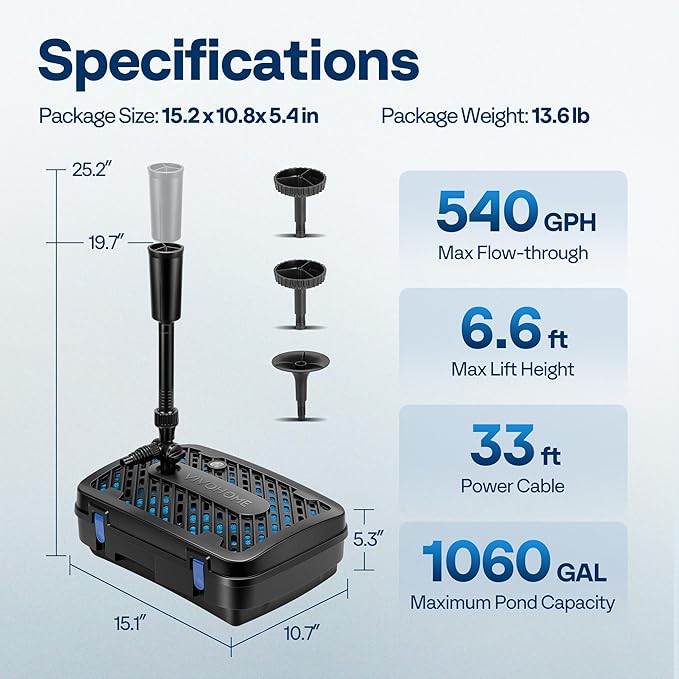 VIVOHOME All-in-One Pond Filter Fountain System Kits, 540 GPH Submersible Water Pump for Ponds up to 1060 Gallons