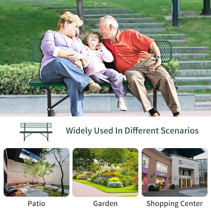 Heavy Duty Park Bench with Back Portable Frame, Outdoor Steel Bench with Backrest, Outdoor Park Bench Expanded Metal Mesh Bench for Lawn, Park, Deck, Garden, Patio, Porch, Black (Green, 6FT)