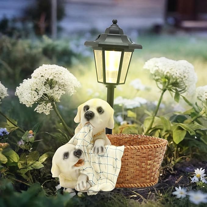 Solar Garden Outdoor Decor Statues Labrador Puppies Playing in Basket with Light,Outside-Outdoor Decorations Sculptures for Patio Yard Lawn Walkway Ornaments Clearance Gifts for Mom Grandma Birthday