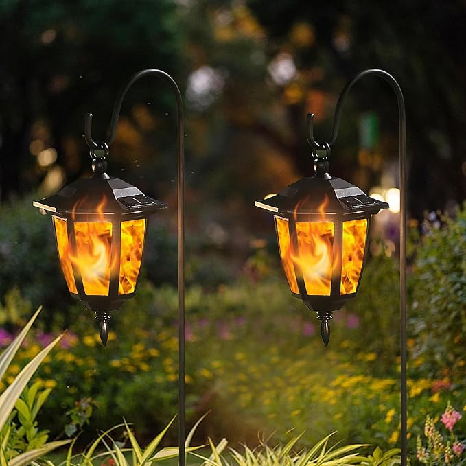 Dynaming 2 Pack Solar Flame Hanging Lights Outdoor, Solar Flickering Flame LED Garden Lanterns with 2 x 38 Inch Shepherd Hooks, Landscape Lighting Waterproof for Lawn Patio Yard Pathway Driveway