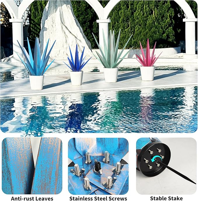 Large Tequila Rustic Sculpture, Rustic Metal Agave Plants for Outdoor Patio Yard, Home Decor Hand Painted Metal Agave Garden Yard Statue, Outdoor Lawn Ornaments (Sky Blue - L(W/Solar Light))