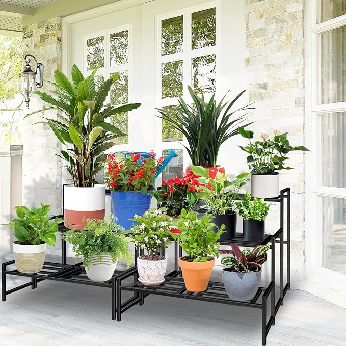 Plant Stand Indoor Outdoor, 3-Tier Wrought Iron Plant Stands, Stackable Metal Plant Shelf Decorative Outdoor Flower Stand Heavy Duty Pedestal Stands for Garden Deck Living Room, Black