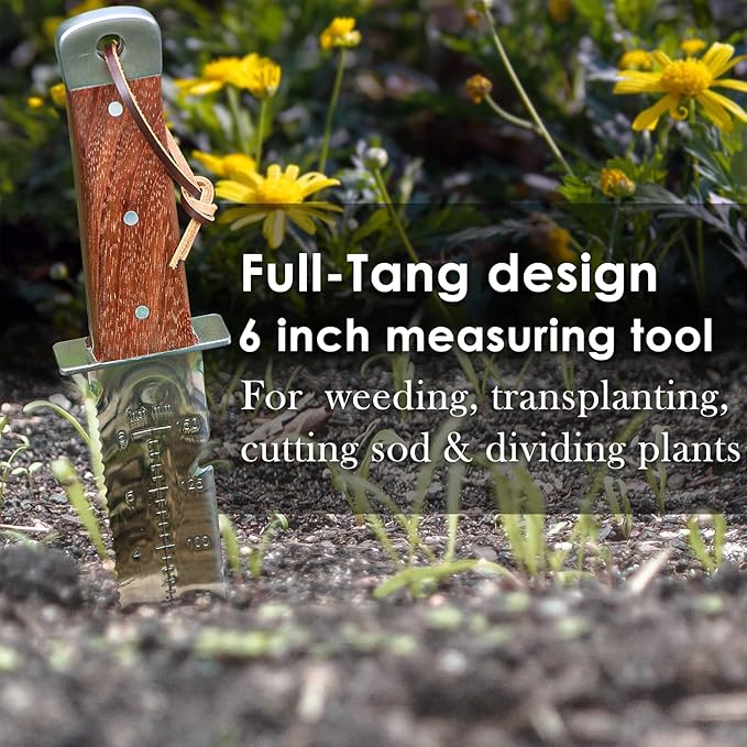 SHALL Hori Hori, Japanese Garden Knife, Soil Knife with Leather Sheath, Rosewood Handle & Hide Rope, 7” Stainless Steel Blade, Rope Cutting Edge, for Digging, Weeding, Planting, Full-Tang