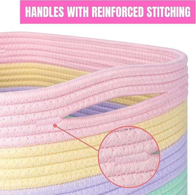 MINTWOOD Design Storage Basket for Shelves, Decorative Baskets for Organizing, Book Basket, Storage Cube Bin Box, Woven Closet Organizer, Pantry Closet and Shoe Basket, Pastel Rainbow