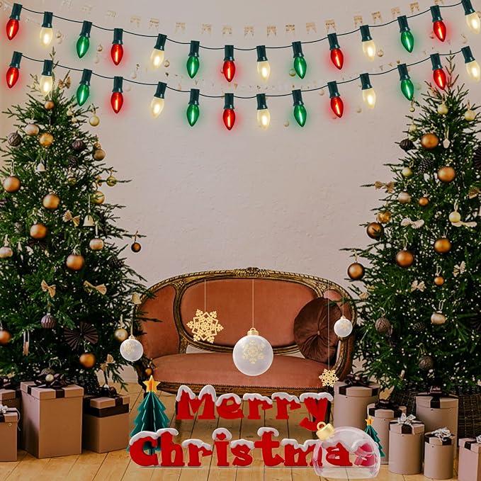 C7 LED Red White and Green Christmas Lights, 25Ft Outdoor Chritsmas String Lights Shatterproof with 27 LED Clear Multicolor Bulbs, Connectable Vintage Christmas Lights for Patio Garden Backyard Decor