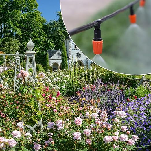 JOPARY 100FT PVC Hose DIY Automatic Flower Waterer Drip Irrigation Kit,Balcony Flower Pot Watering, Smart Watering Drip Irrigation, Irrigation Tubing Hose Adjustable Nozzle Emitters Barbed Fittings