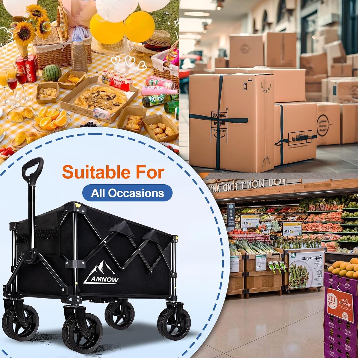 Collapsible Wagon Cart with Wheels Foldable, Folding Wagons Carts with Silent Universal Wheels, Large Grocery Cart On Wheels, Heavy Duty Utility Wagon for Shopping Beach Sports Fishing Camping, 130L