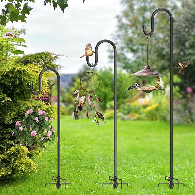 Bird Feeder Pole with Shepherds Hook - Heavy Duty Hummingbird Feeder Stand with 5 Prong,78" Adjustable Rustproof Garden Hooks Outdoor for Hanging Birdfeeder,Wind Chimes,Lanterns,Solar Lights,Black